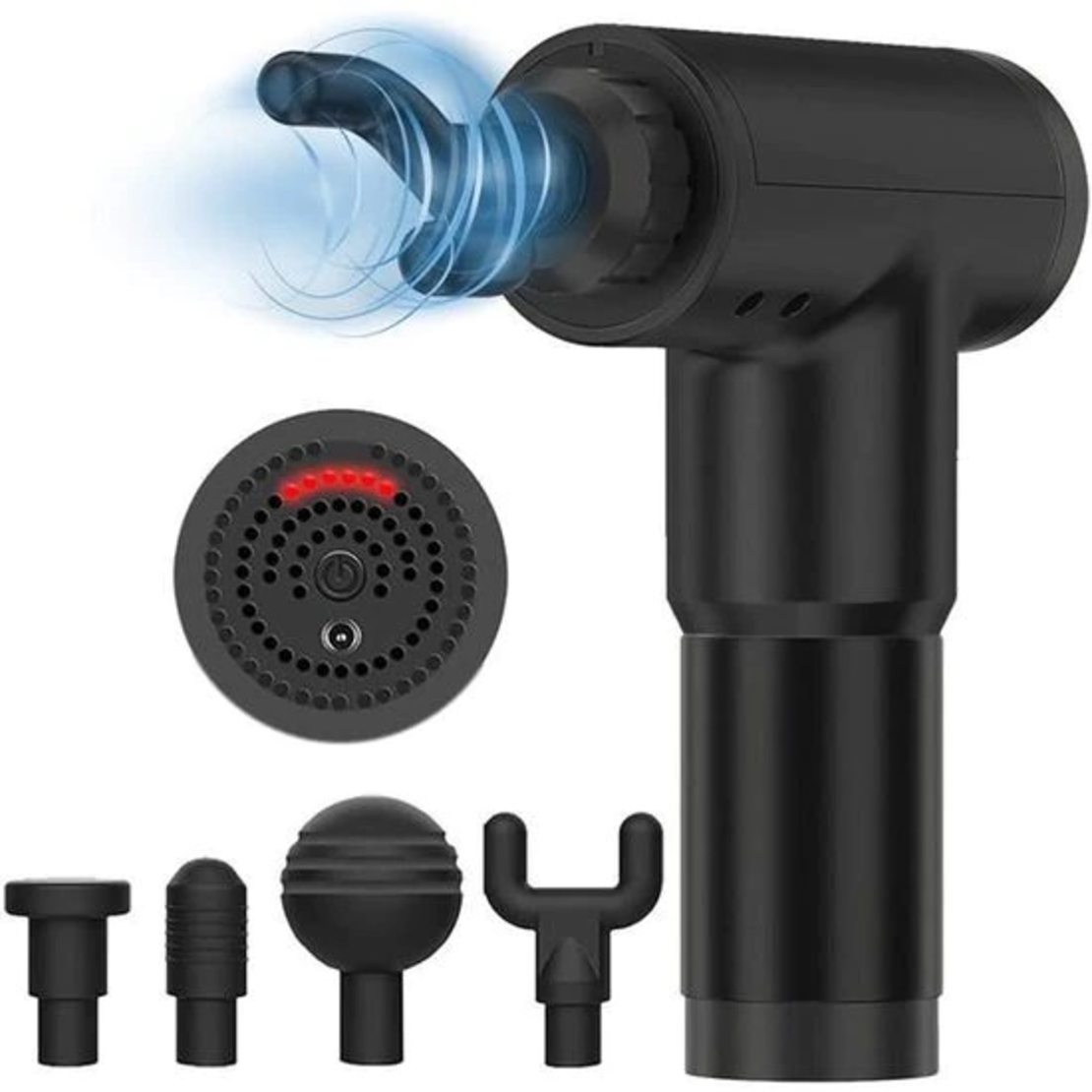Aparat de Masaj Profesional, cu 4 capete interschimbabile si 6 trepte de intensitate, Neo™ Professional Gun®, pentru dureri musculare, reumatice, anticelulitic, Negru