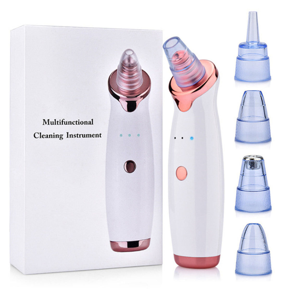 Set cu Aparat indepartare puncte negre, Neo™, cu vacuum, 5 capete, Curatare faciala, indepartare Acnee, USB, Alb si Trusa Profesionala 4 Pensete