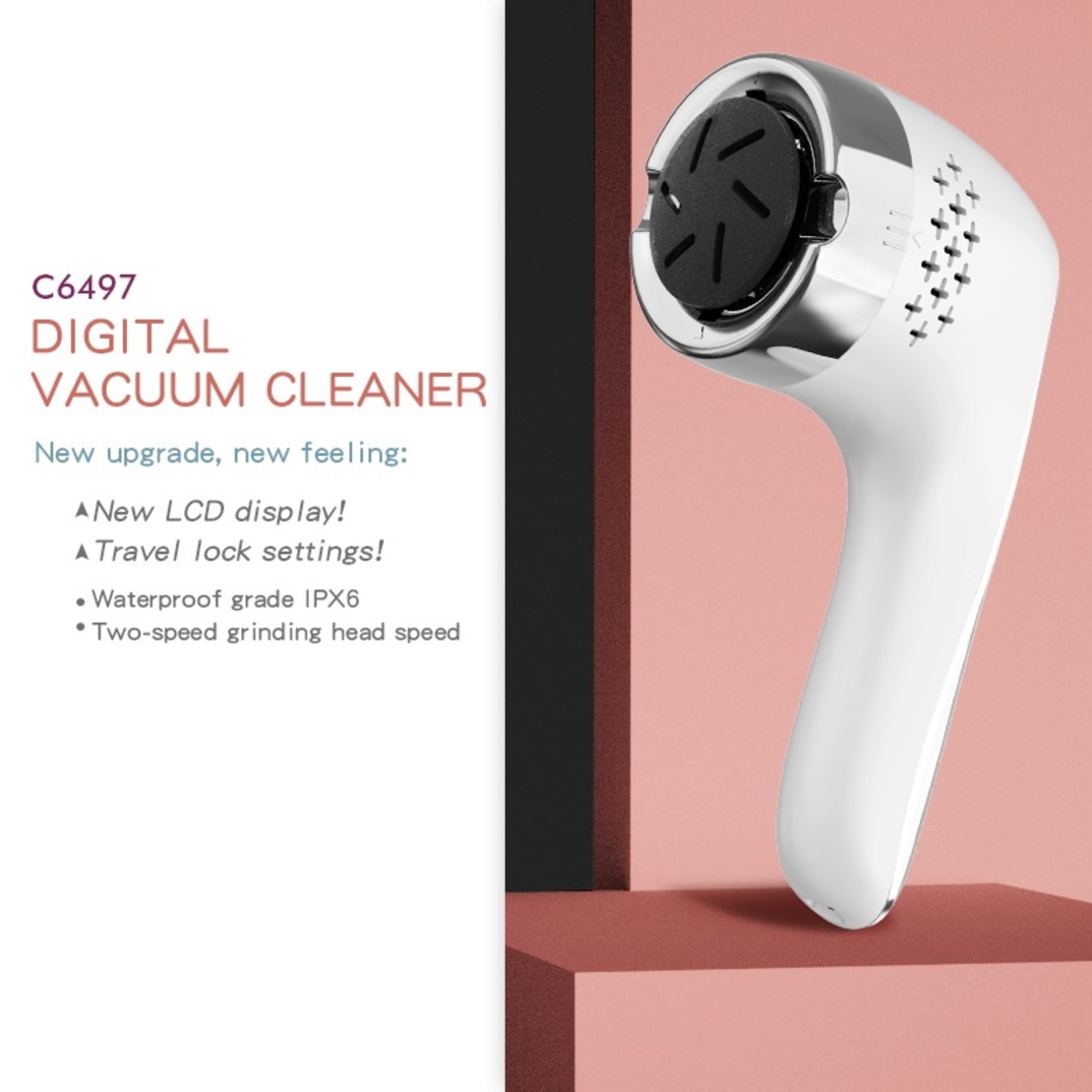 Set Aparat Profesional pentru indepartare bataturi Calus EAR Neo™ Foot Polisher Vacuum, cu aspirator, inlatura si pielea uscata, display digital, LED, incarcare USB, 2 role, 2700 rpm, C6497, Alb