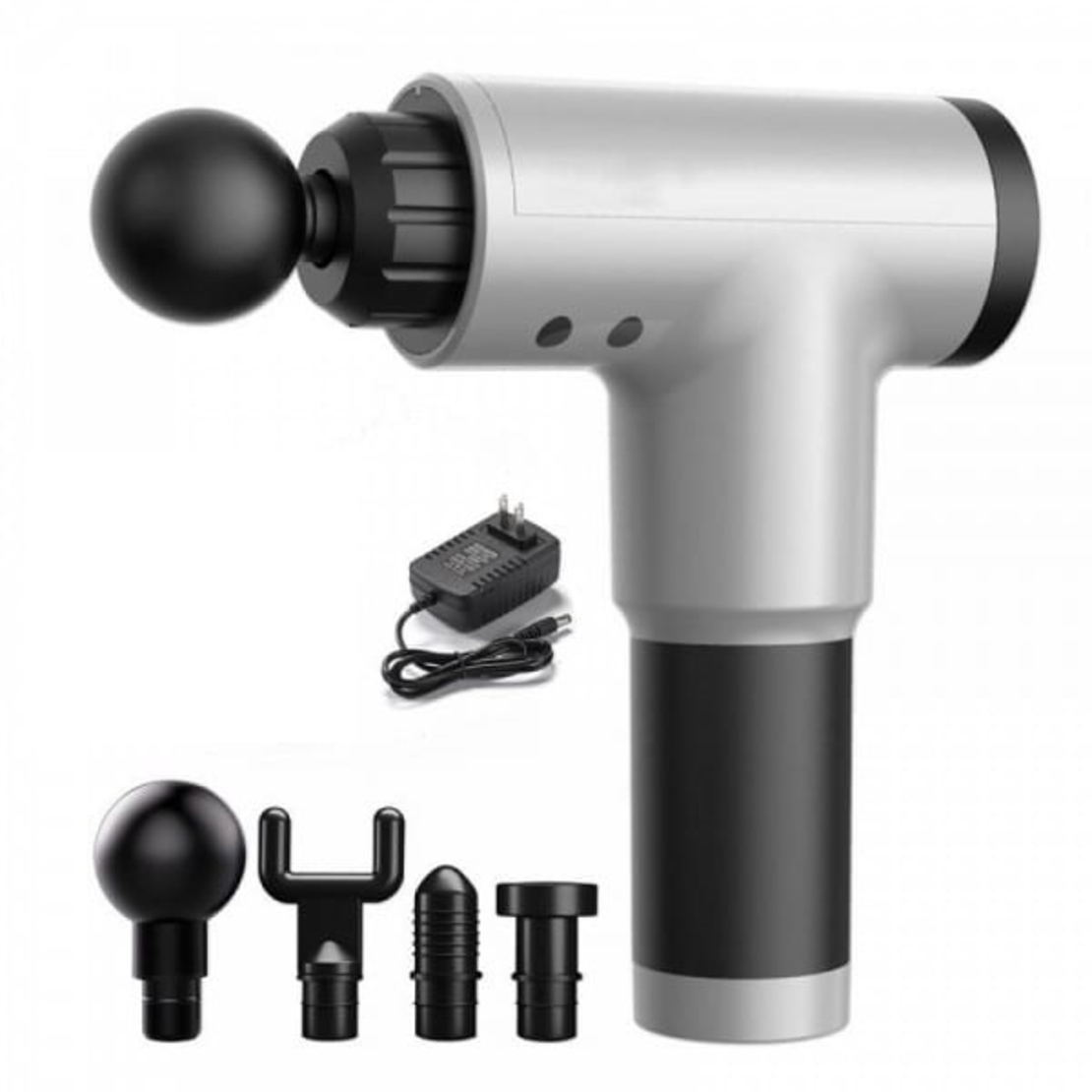 Aparat de Masaj Profesional, cu 4 capete interschimbabile si 6 trepte de intensitate, Neo™ Professional Gun®, pentru dureri musculare, reumatice, anticelulitic, Gri
