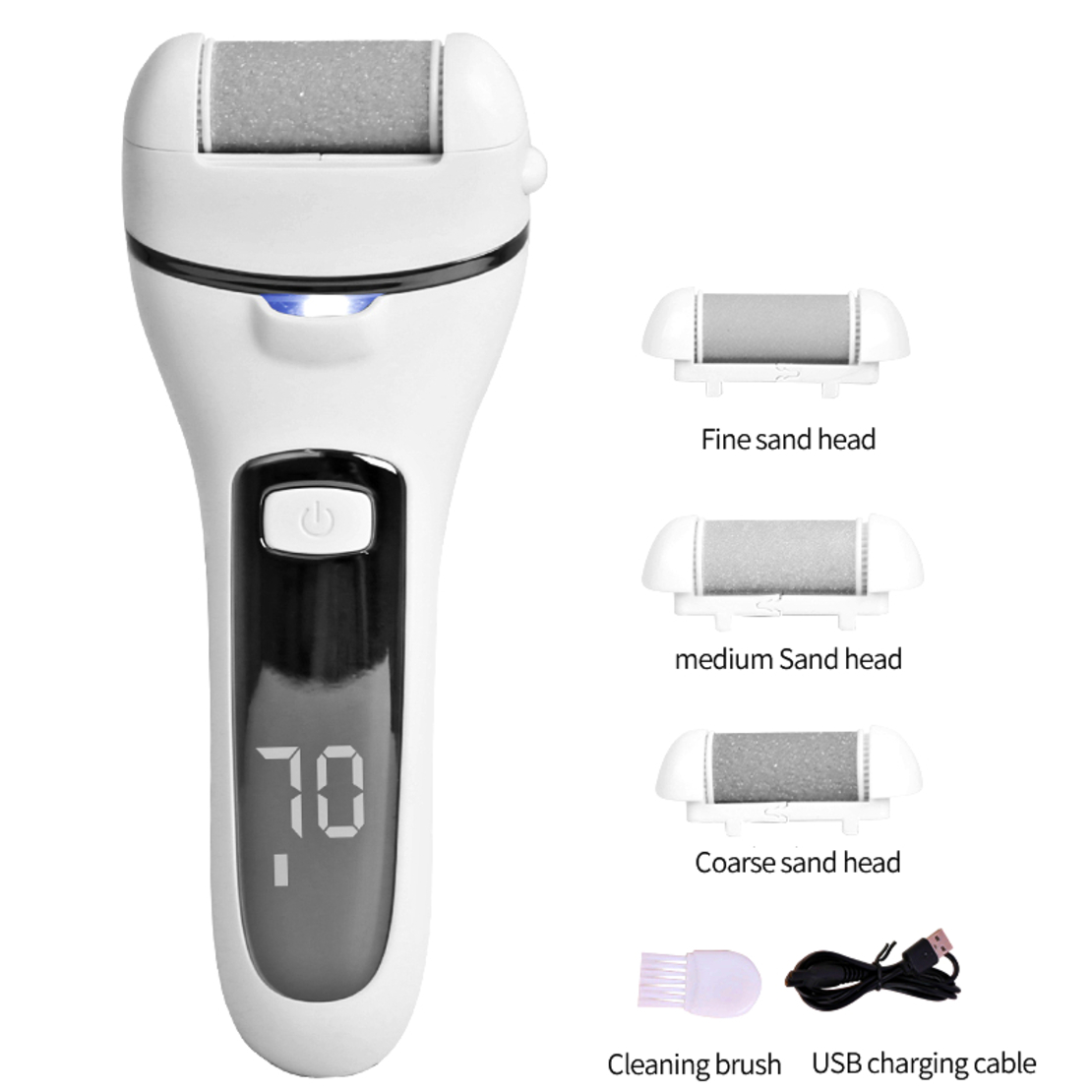 Aparat indepartare bataturi si piele uscata Calus Neo™ Foot Polisher V601, display digital, iluminare LED, incarcare USB, capat suplimentar si 3 role microminerale, 2000 rpm, Alb