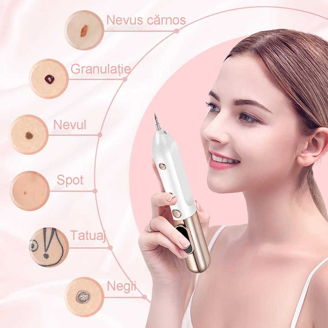 Aparat Plasma Pen, Neo™ cu 5 ace de schimb incluse, 9 viteze, pentru indepartare negi, pete, tatuaje, alunite, cicatrici, pistrui, Lifting pleoape, PlasmaPen®, Ecran LCD, Auriu/Alb