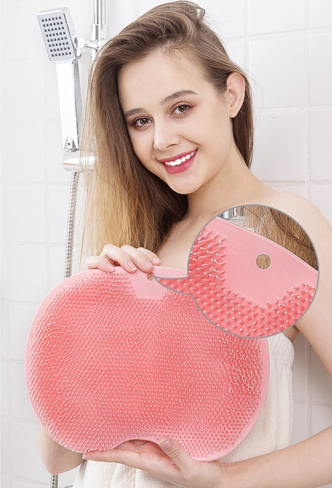 Covoras pentru baie sau dus, 2 in 1 din silicon pentru masaj, antiaderent, functie Masaj Picioare, Curatare spate, Neo™ Bath®, 30 x 30, Roz