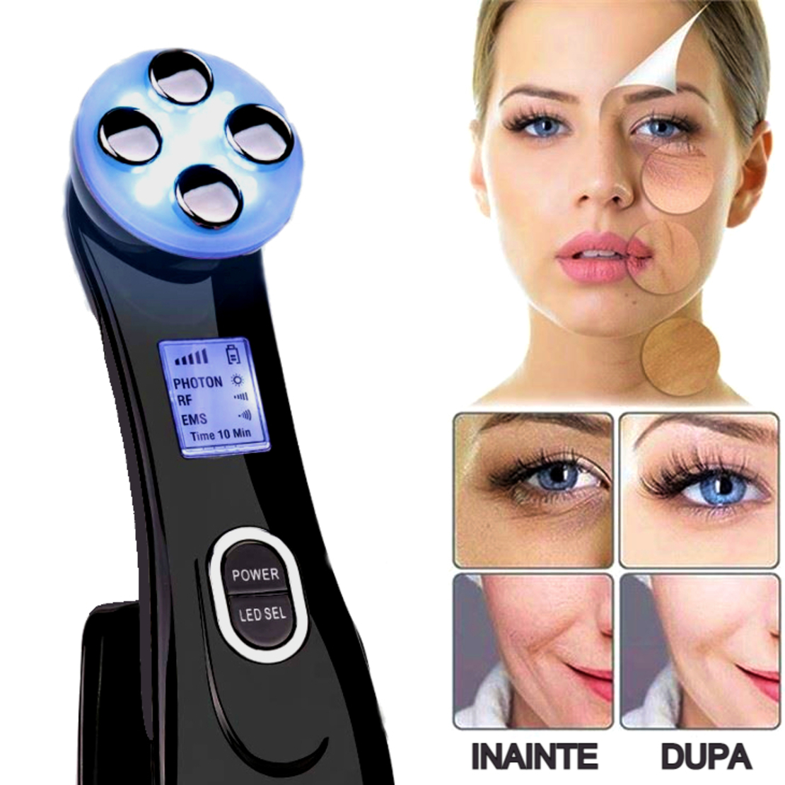 Aparat Profesional de ingrijire faciala prin Rejuvenare cu Fotoni 5 in 1 Neo Photon™, pentru intinerirea pielii, efect anti-rid, tratament Electroporare, RF lumina LED, inchide porii, elimina acneea, albire, pentru fata/gat, stativ incarcare rapida, Negru