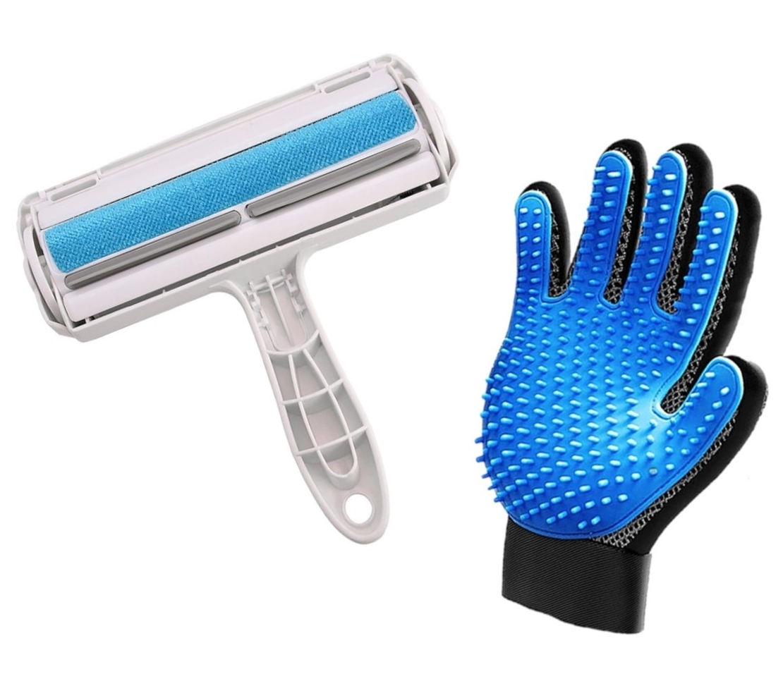 Set Perie cu Rola si barete de cauciuc, Neo™ Pet®, cu compartiment pentru colectarea blanii si parului, utila in Curatarea Parului de Animale, Lavabila Reutilizabila, si Manusa Perie de ingrijire si curatare caini, pisici si alte animale de companie