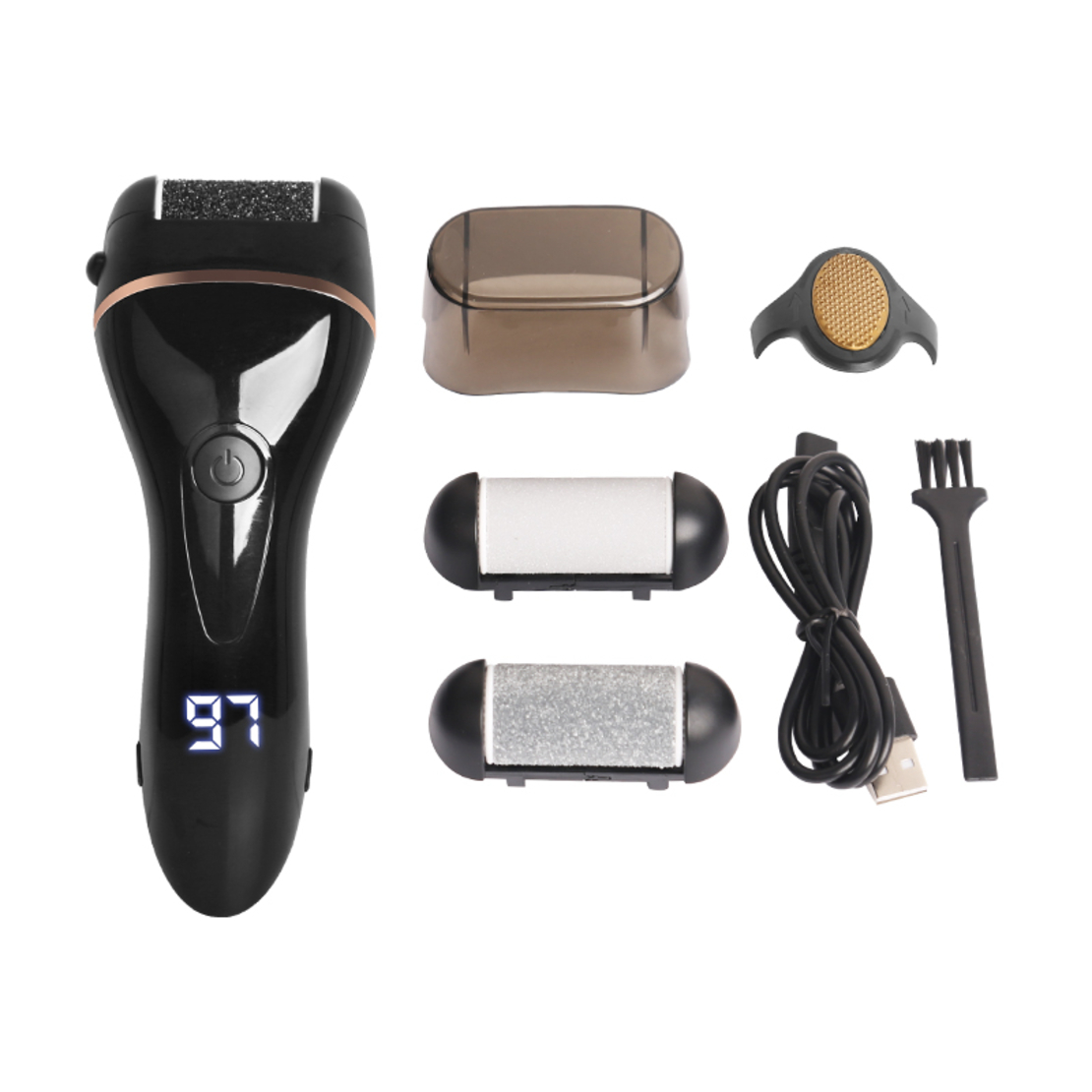 Aparat indepartare bataturi si piele uscata Calus Neo™ Foot Polisher Cap, cu capac, display digital, LED, incarcare USB, capat suplimentar si 3 role, 2300 rpm, V608 Black