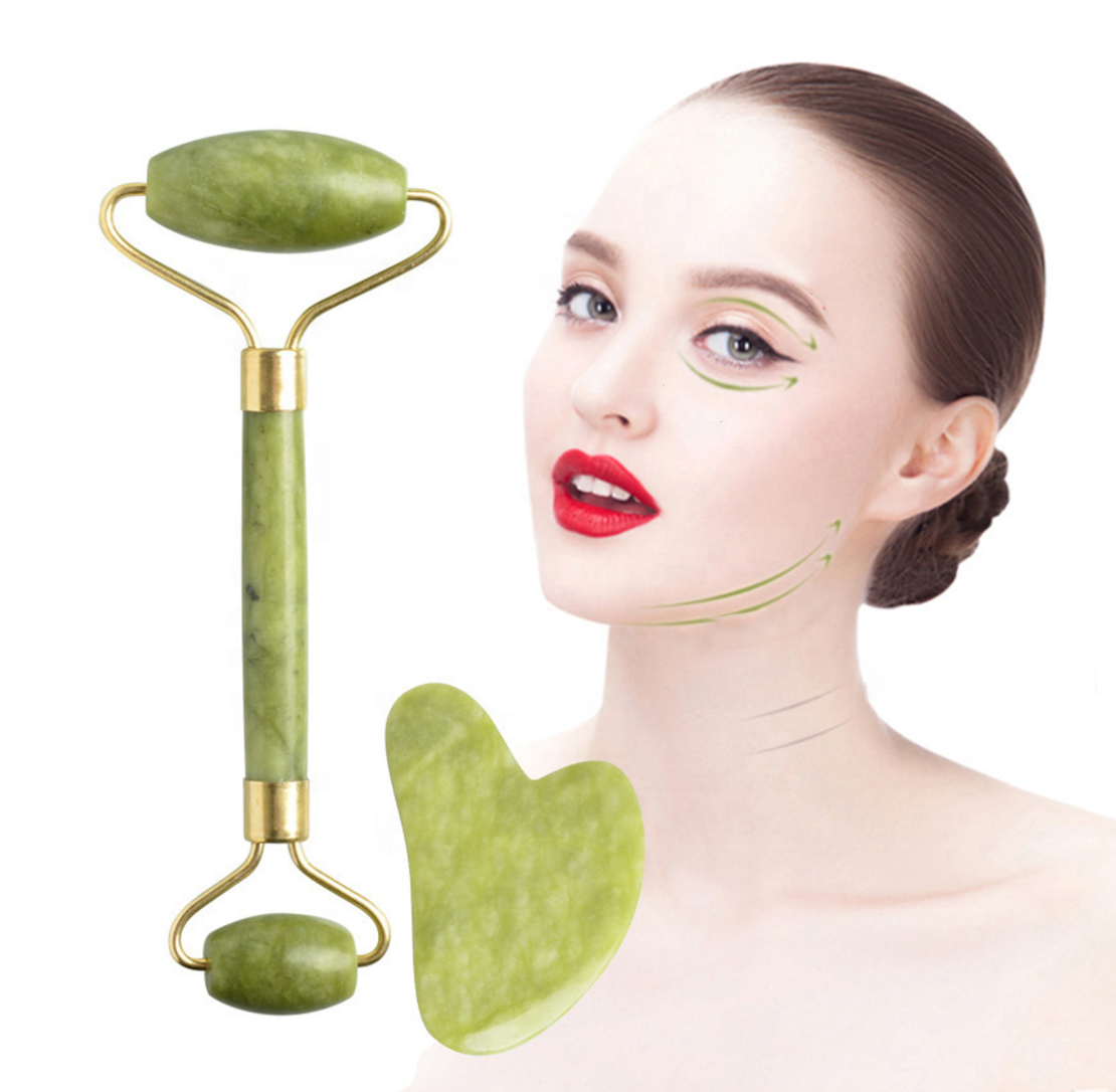 Set Rola Dubla Roller Jade si Piatra Guasha de Jad, Neo™, aparat / dispozitiv pentru masaj facial si corporal si drenaj limfatic, Verde