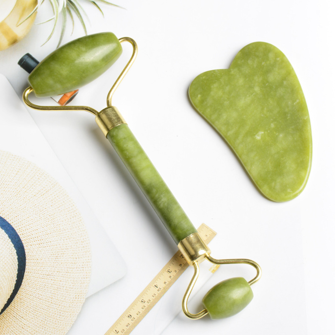 Set Rola Dubla Roller Jade si Piatra Guasha de Jad, Neo™, aparat / dispozitiv pentru masaj facial si corporal si drenaj limfatic, Verde
