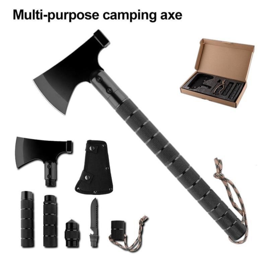 Topor Multifunctional Metalic cu 8 Piese Neo™ Campy® Negru usor de asamblat prin infiletare, maner lung, cutit, busola, tais topor, ciocan