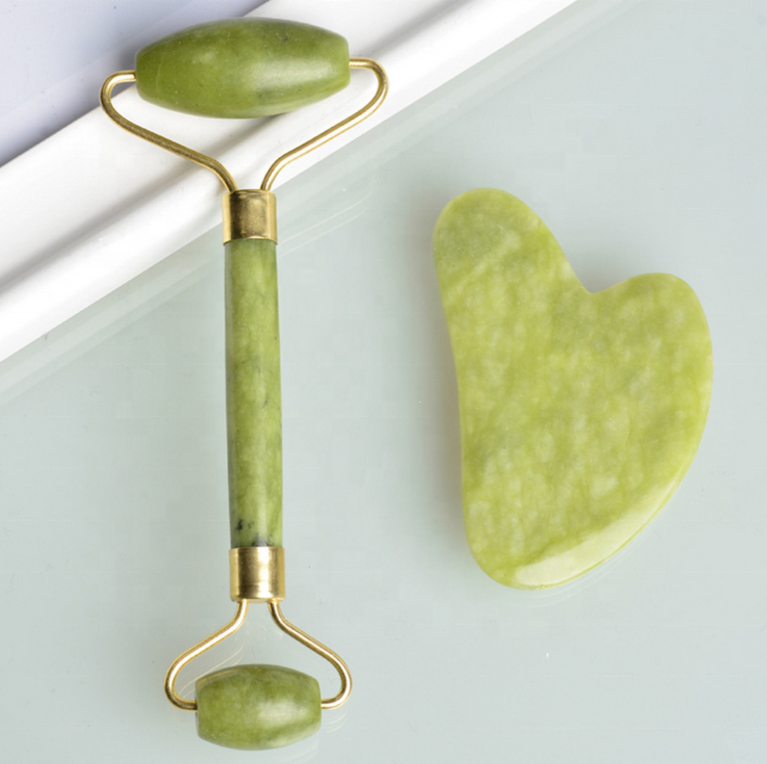Set Rola Dubla Roller Jade si Piatra Guasha de Jad, Neo™, aparat / dispozitiv pentru masaj facial si corporal si drenaj limfatic, Verde