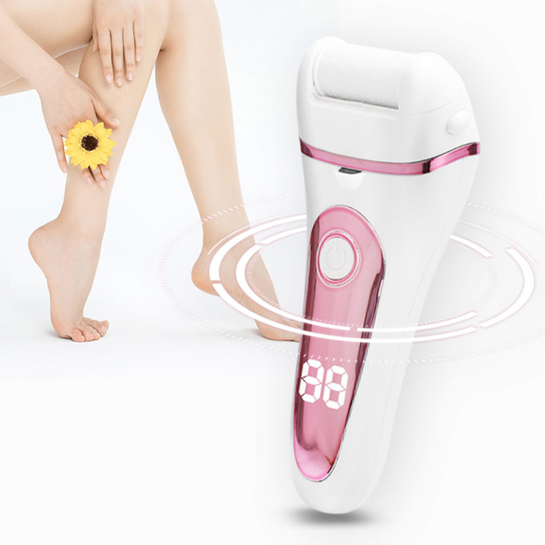 Aparat indepartare bataturi si piele uscata Calus Neo™ Foot Polisher V601, display digital, iluminare LED, incarcare USB, capat suplimentar si 3 role microminerale, 2000 rpm, Roz
