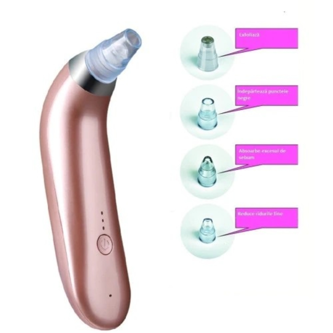 Aparat Neo™ Vaccum Cleaner, pentru indepartare puncte negre, acnee, sebum, functie de curatare, 4 capete de schimb, incarcare USB