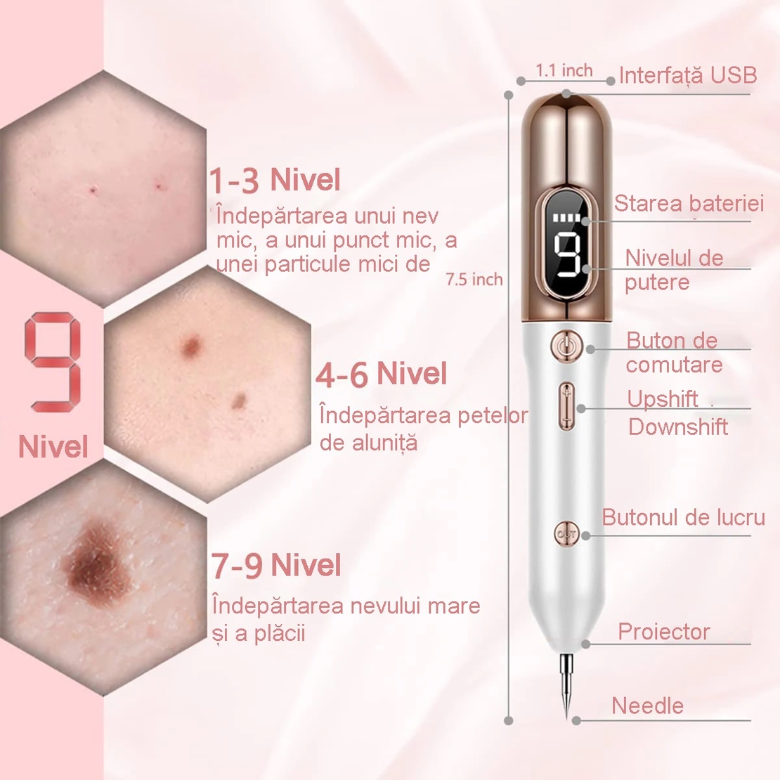 Aparat Plasma Pen, Neo™ cu 5 ace de schimb incluse, 9 viteze, pentru indepartare negi, pete, tatuaje, alunite, cicatrici, pistrui, Lifting pleoape, PlasmaPen®, Ecran LCD, Auriu/Alb