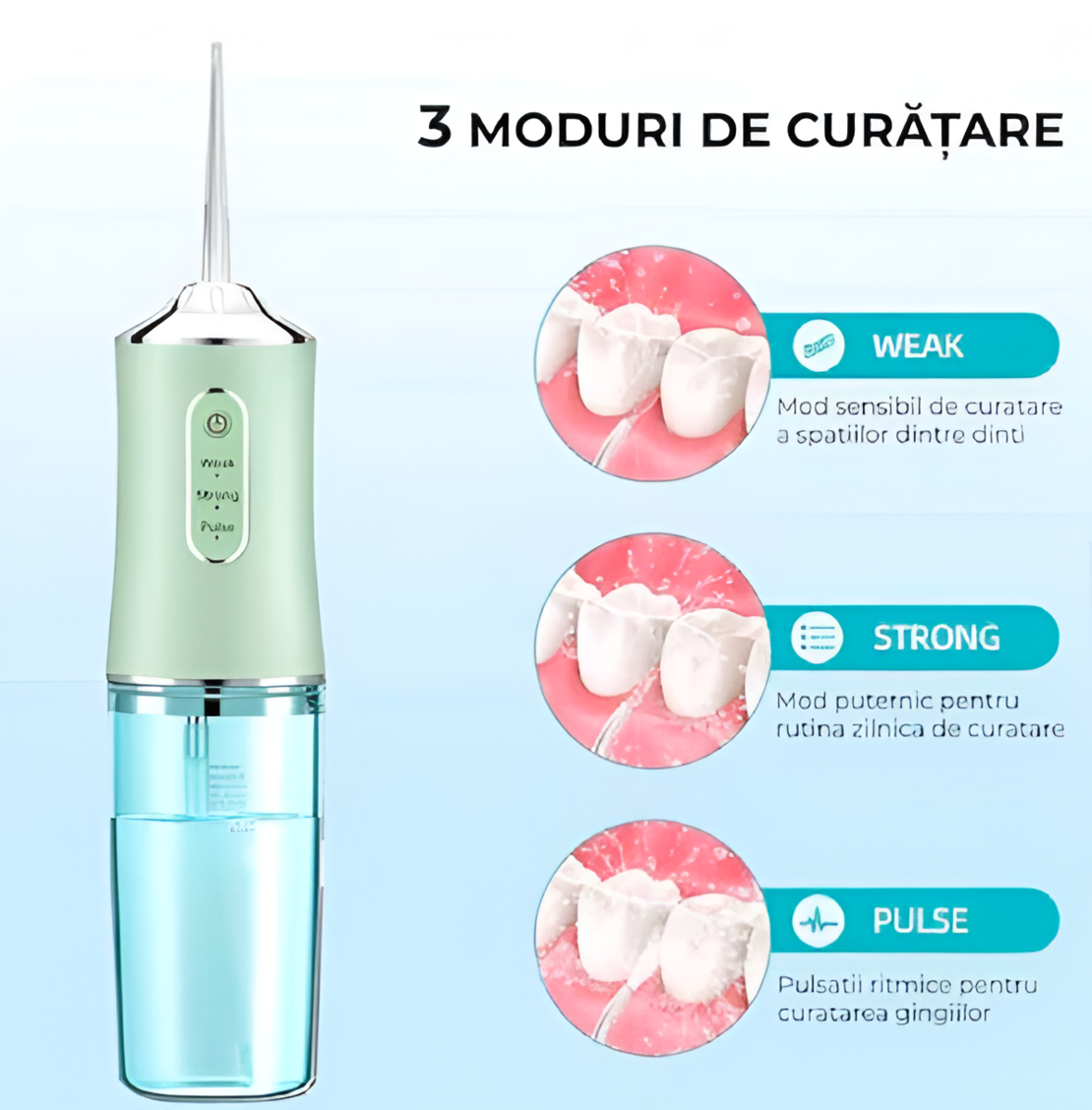 Irigator Bucal Neo™, Fara Fir, 3 moduri, Rezervor 230 ml, 1400-1800 impulsuri/minut, Verde
