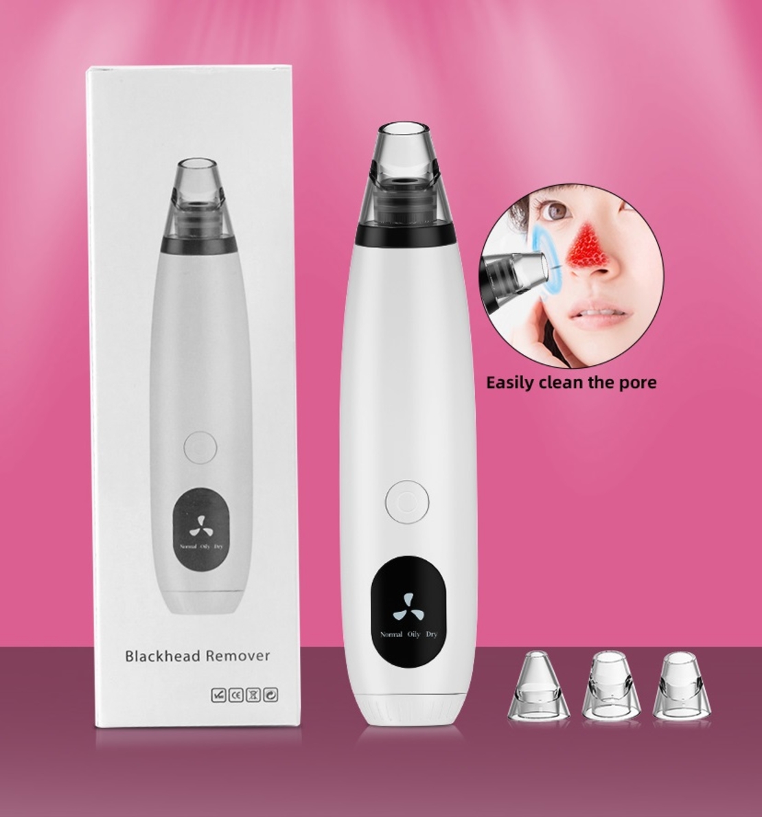 Aparat indepartat puncte negre, Neo™ Premium, cu vacuum, 3 capete, Puteri ajustabile, Ingrijire faciala, Curatare faciala, Acnee, cu Baterii, Alb