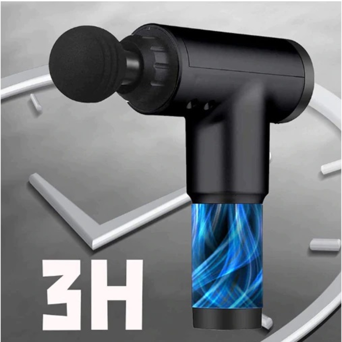 Aparat de Masaj Profesional, cu 4 capete interschimbabile si 6 trepte de intensitate, Neo™ Professional Gun®, pentru dureri musculare, reumatice, anticelulitic, Gri