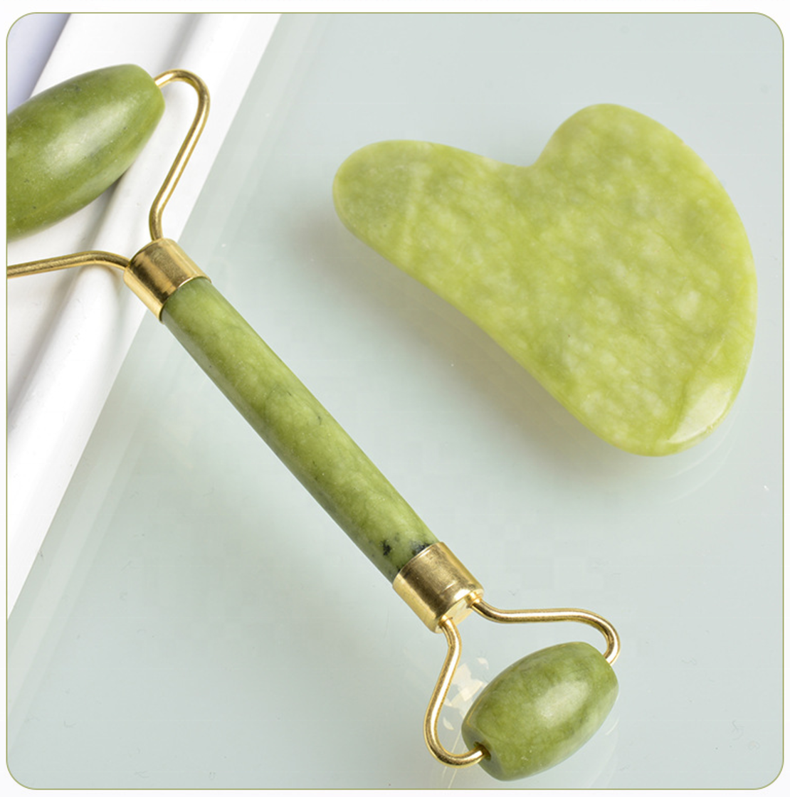 Set Rola Dubla Roller Jade si Piatra Guasha de Jad, Neo™, aparat / dispozitiv pentru masaj facial si corporal si drenaj limfatic, Verde