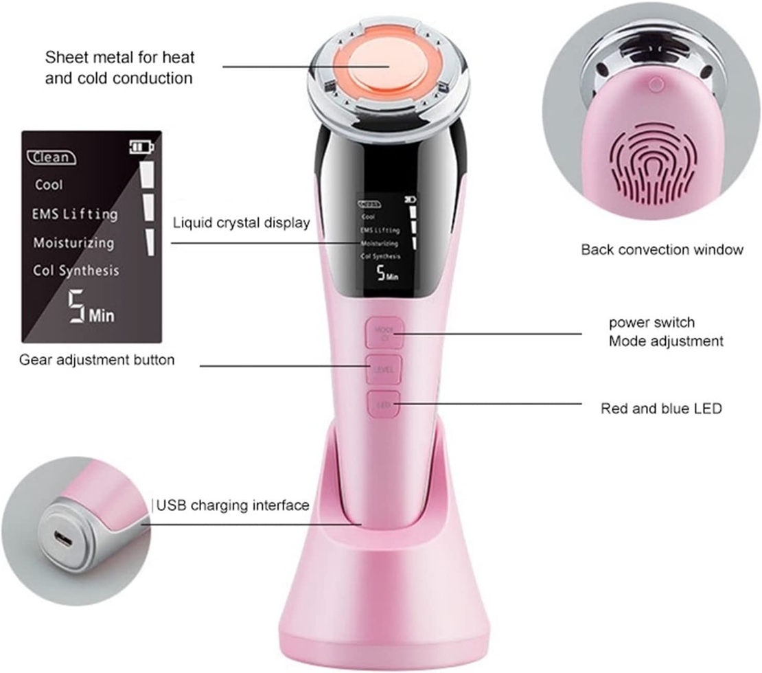 Aparat Profesional tratament facial si intinerirea pielii 5 in 1, Neo™ Skin®, Mezoterapie, LED, Lifting, Anti Rid, vibratii EMS, Microcurent, Masaj facial, Roz