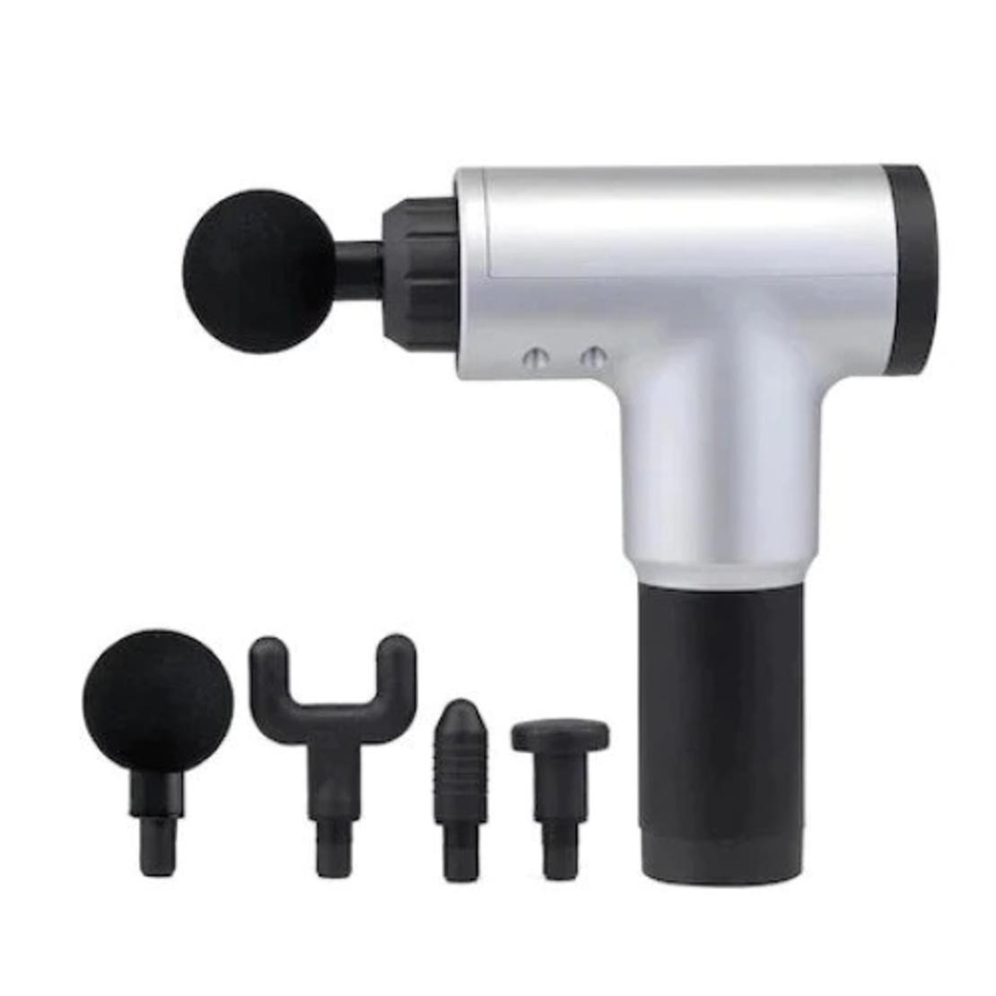 Aparat de Masaj Profesional, cu 4 capete interschimbabile si 6 trepte de intensitate, Neo™ Professional Gun®, pentru dureri musculare, reumatice, anticelulitic, Gri