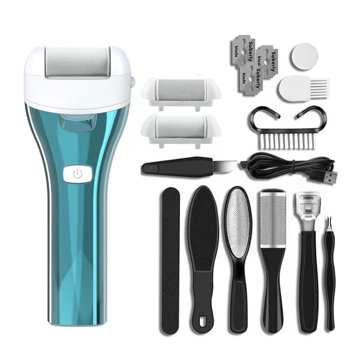 Set Aparat indepartare bataturi si piele uscata Calus Neo™ Foot Polisher v623 MAT, cu display digital, iluminare LED, incarcare USB, capat suplimentar si 3 role microminerale, 3900 rpm, Verde