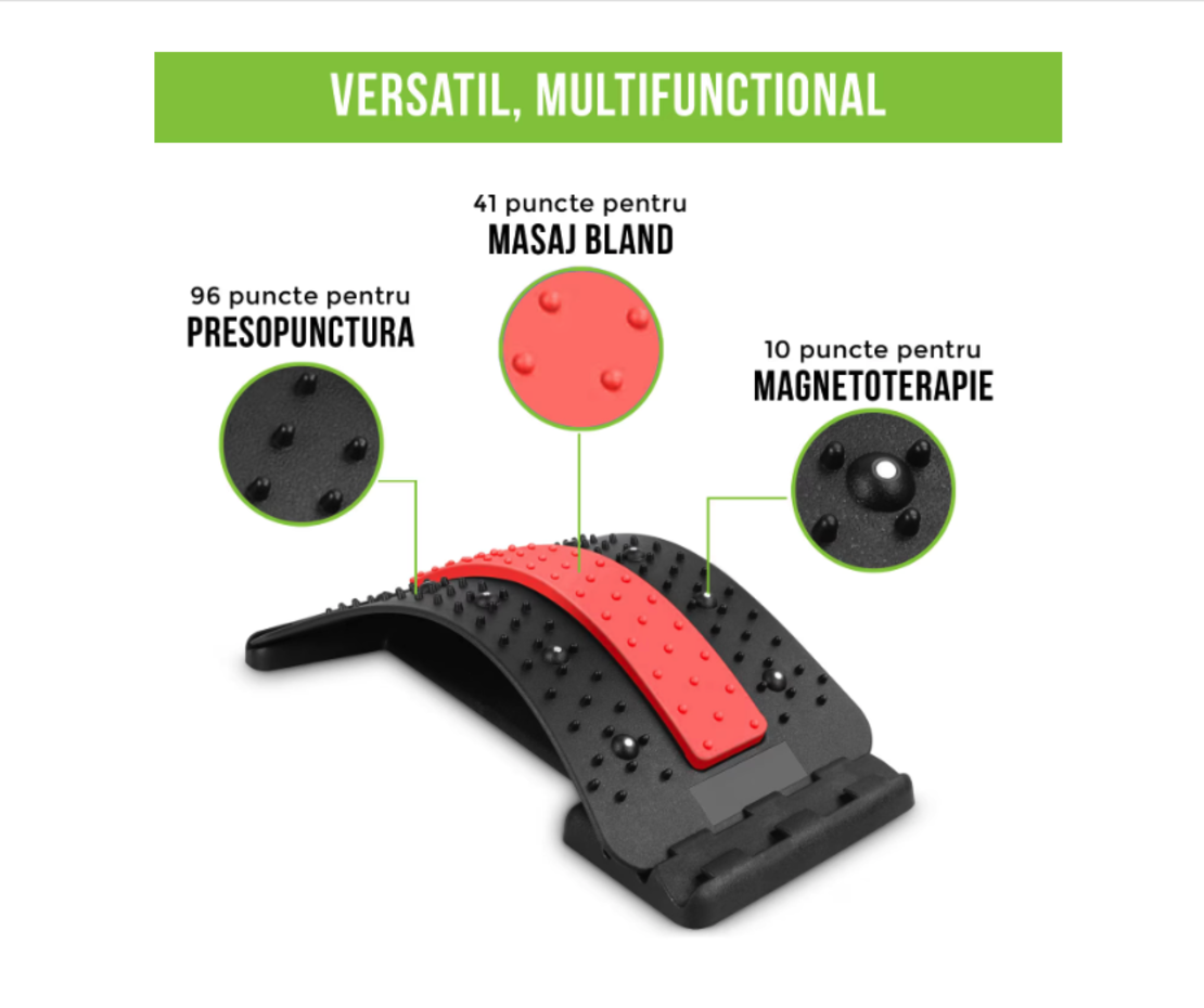 Dispozitiv Ortopedic NEO™ 3in1, pentru Suportul, Intinderea, Masajul si Relaxarea Zonei Lombare, Rosu