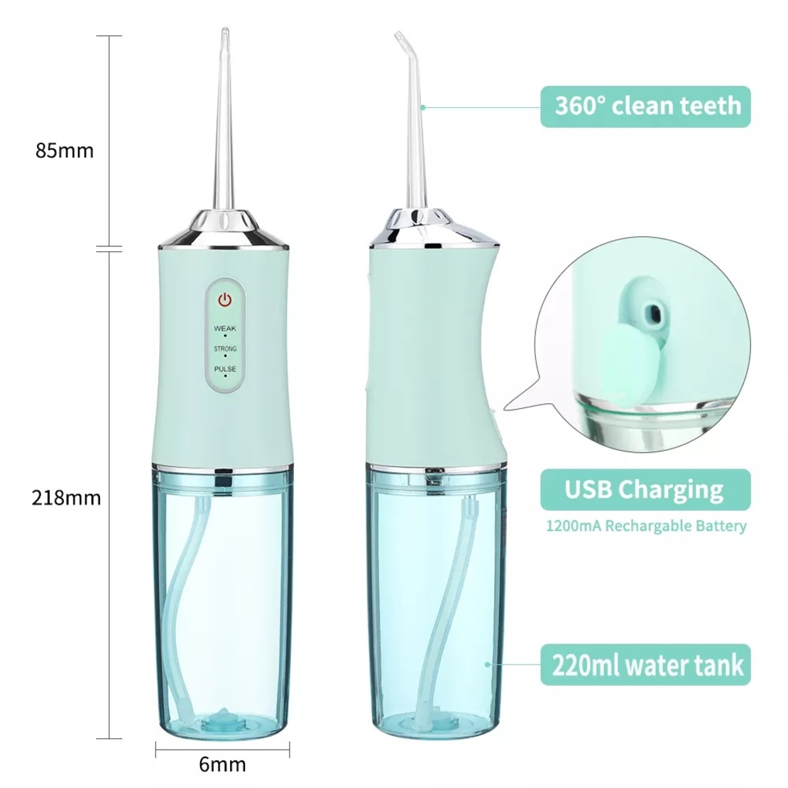 Irigator bucal si oral profesional PPS Pulse® Neo™, 140 PSI, Functie masaj, rotatie 360°, portabil, 4 moduri, acumulator 1400mAh, 4 duze incluse, 220 ml, verde