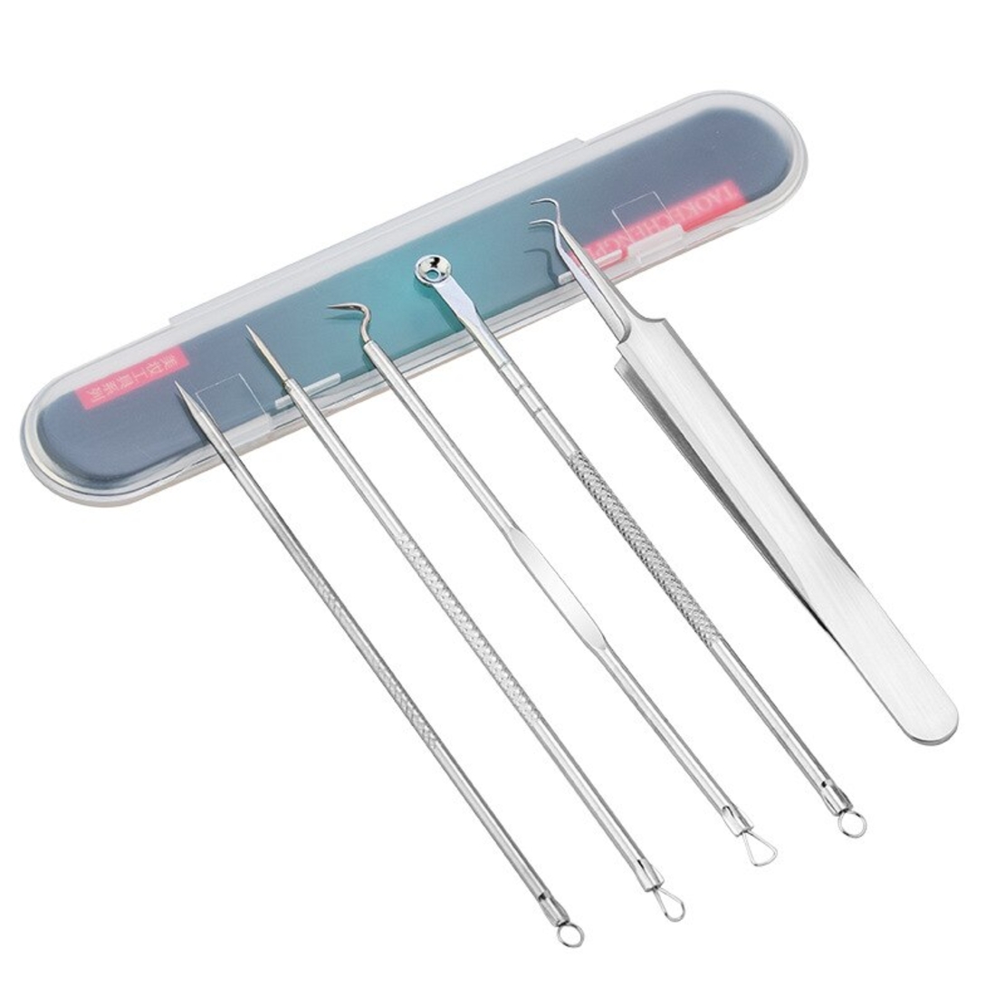Set 5 pensete pentru extractie puncte negre, comedoane, acnee, ustensile cosmetice din inox, metalic, Neo™ Premium®