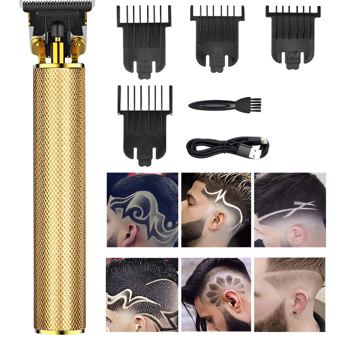 Masina de Tuns Profesionala pentru Barba si Contur, Fara Fir, Cu Lame din Otel Inoxidabil si Incarcare USB, Setari de 1.5mm, 3mm, 6mm si 9mm, Auriu, Neo™