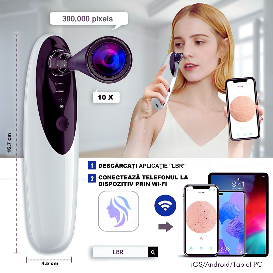Aparat electric, portabil, multifunctional de curatare ten, scos cosuri, acnee, puncte negre, aspirator pentru fata cu conexiune Wi-Fi si camera video incorporata, suporta iOS si Android, 3 viteze, 4 sonde de extractie, culoare alb