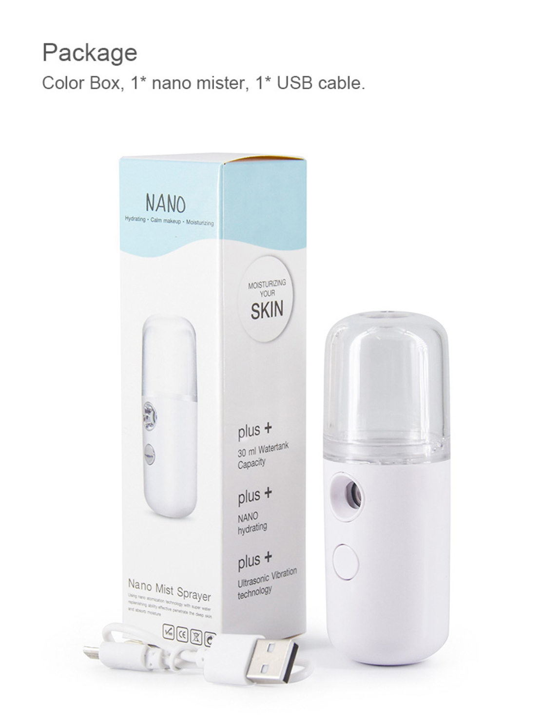 Spray Hidratare Faciala,Nano Ⅱ®,Igienizare, Curatare Ten, Abur Rece, Incarcare USB,30 ml, Alb
