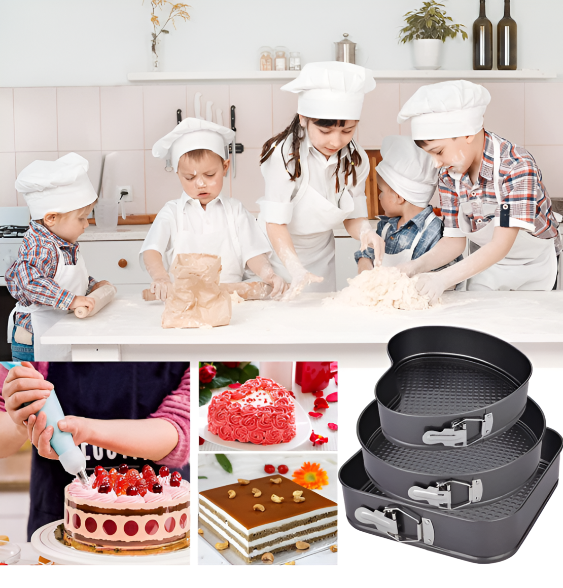 Set 3 Tavi pentru Copt, Forme Inima/Rotunda/Patrata si Baza Detasabila, 24 cm/26 cm/28 cm, Negru, Neo™