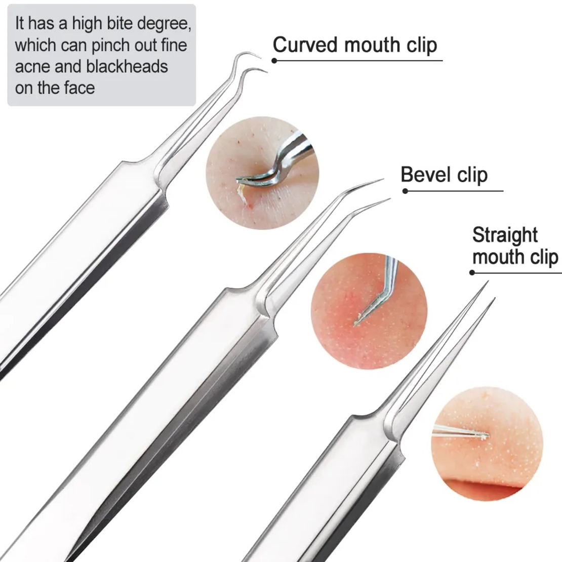Set 6 pensete pentru extractie puncte negre, comedoane, acnee, ustensile cosmetice din inox, metalic, Neo™ Premium®