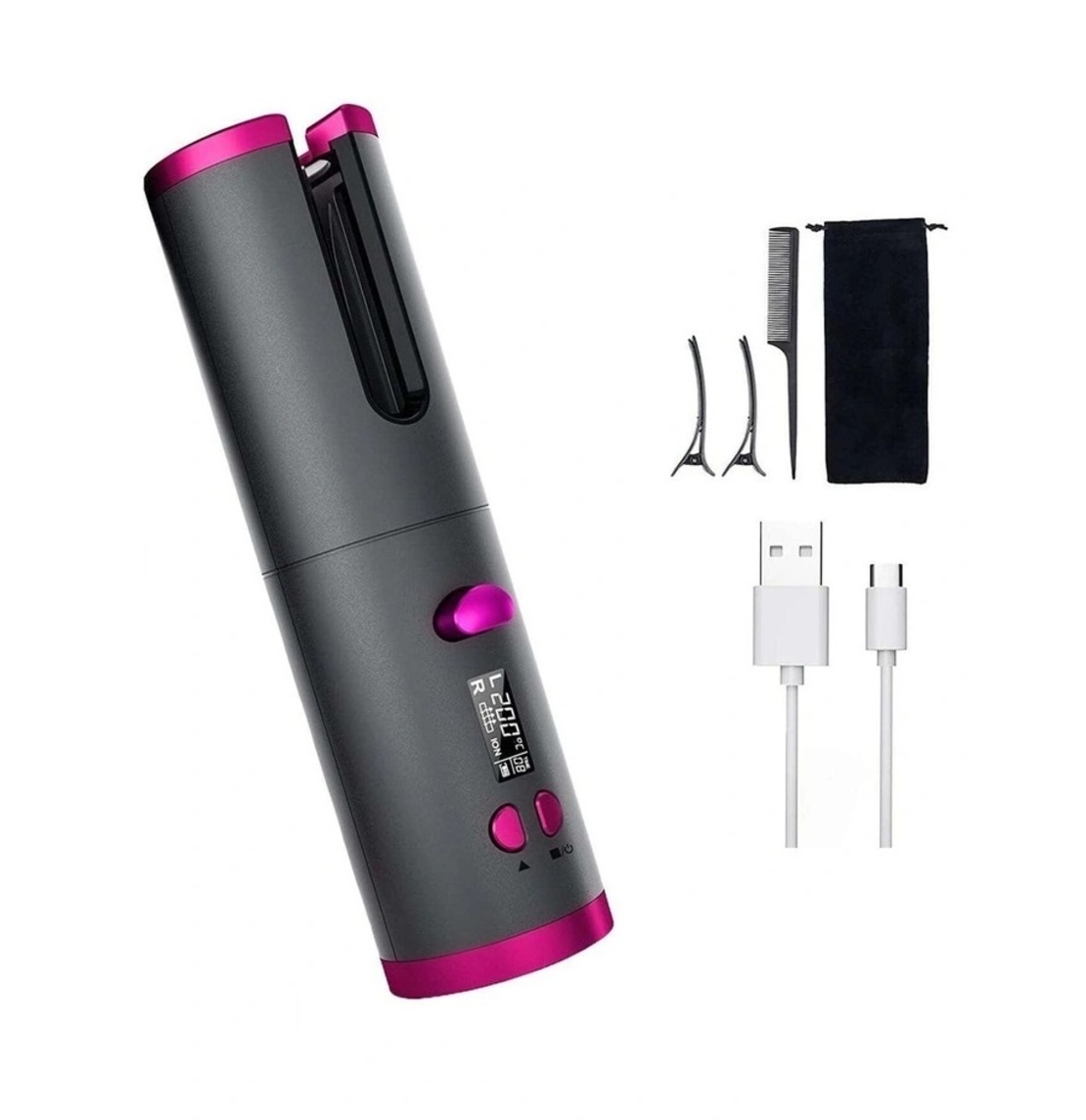 Ondulator Automat fara fir Wireless, Neo™ Ciuff®, cu 2 clame de par, un pieptan, 6 trepte de temperatura si afisaj LCD, 150 - 200 °C, baterie incorporata, Incarcare USB, Antracit-Roz