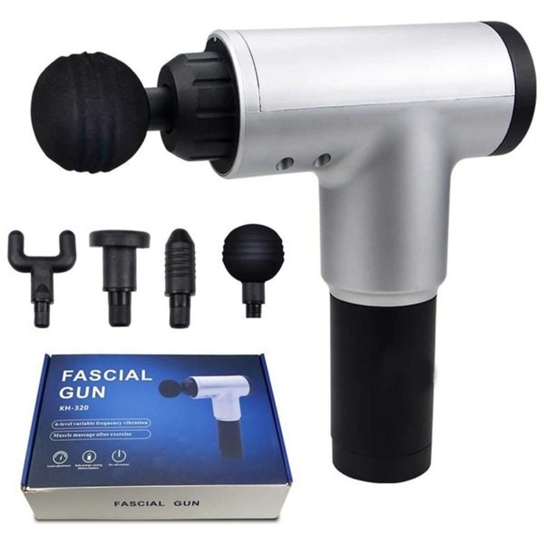 Aparat de Masaj Profesional, cu 4 capete interschimbabile si 6 trepte de intensitate, Neo™ Professional Gun®, pentru dureri musculare, reumatice, anticelulitic, Gri