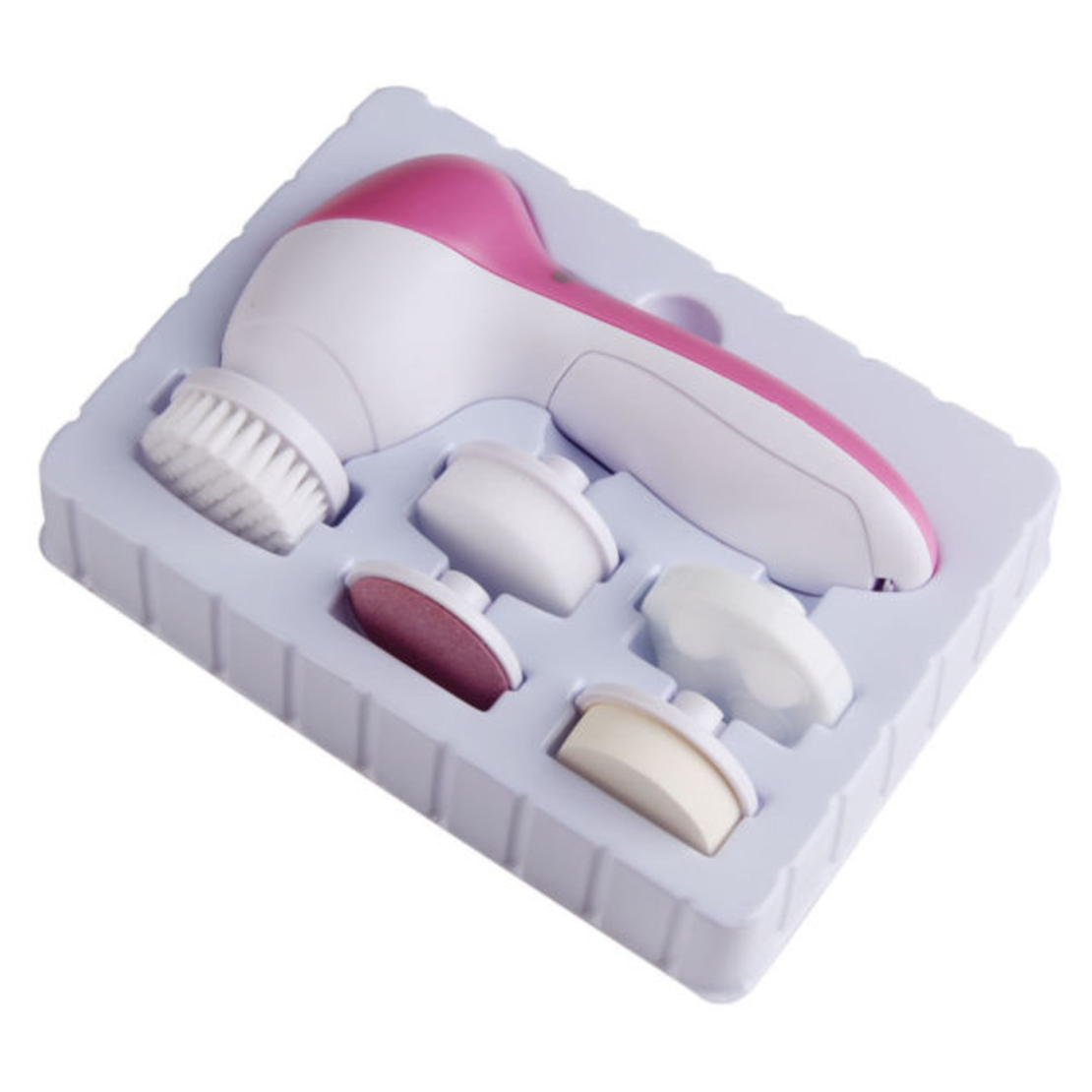 Perie Rotativa pentru curatare faciala si masaj 5 in 1, Neo™ Premium, cu 2 viteze, functie de reglare a vitezei, 5 capete perii interschimbabile,13x7cm, alb/roz