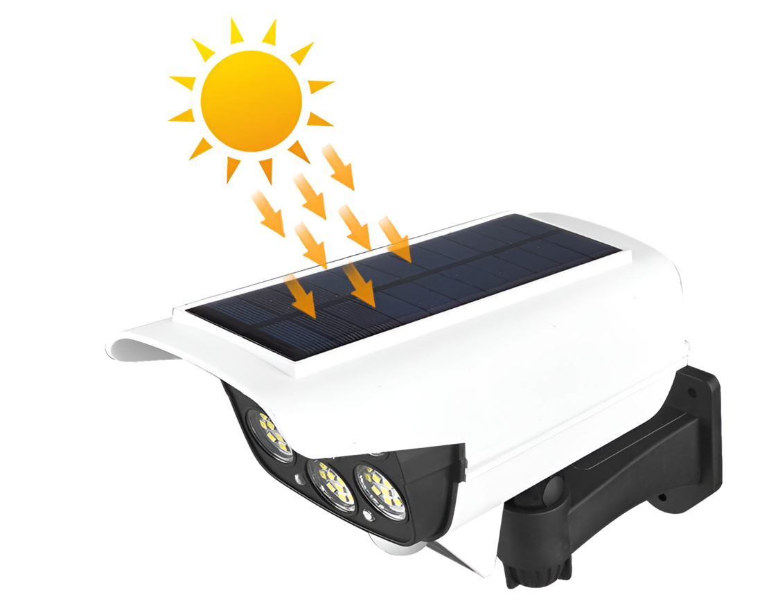 Lampa Solara Tip Camera Falsa 77 LED cu Panou solar, 10 W, Senzor miscare, 1200 mAH, Design Realist, Alb, Neo™