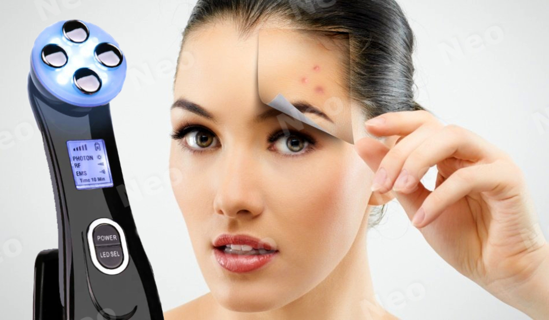 Aparat Profesional de ingrijire faciala prin Rejuvenare cu Fotoni 5 in 1 Neo Photon™, pentru intinerirea pielii, efect anti-rid, tratament Electroporare, RF lumina LED, inchide porii, elimina acneea, albire, pentru fata/gat, stativ incarcare rapida, Negru