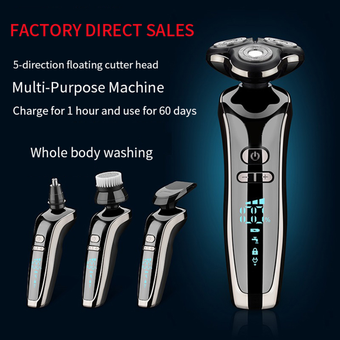Aparat de ras electric 7 Capete, cu maner lung, Neo™ Blade 3D Samurai®, functie de trimmer, multifunctional, fara fir, incarcare USB, rezistent la apa, 3 lame independente, usor de curatat, sistem 7 in 1, Black-Silver