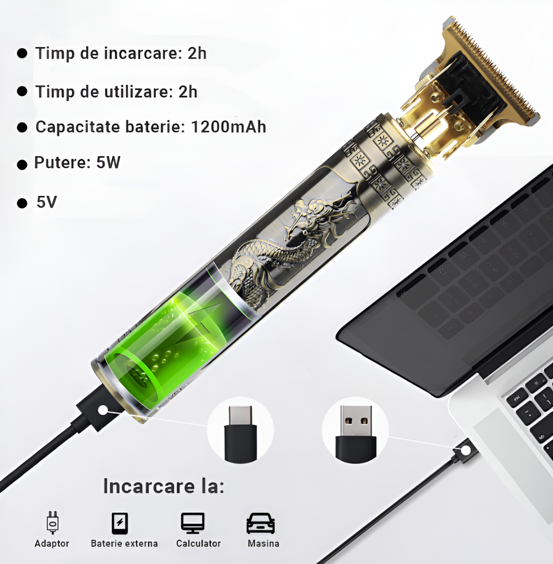 Masina de Tuns NEO™, Trimmer Vintage, pentru Tundere, Conturare, cu Acumulator
