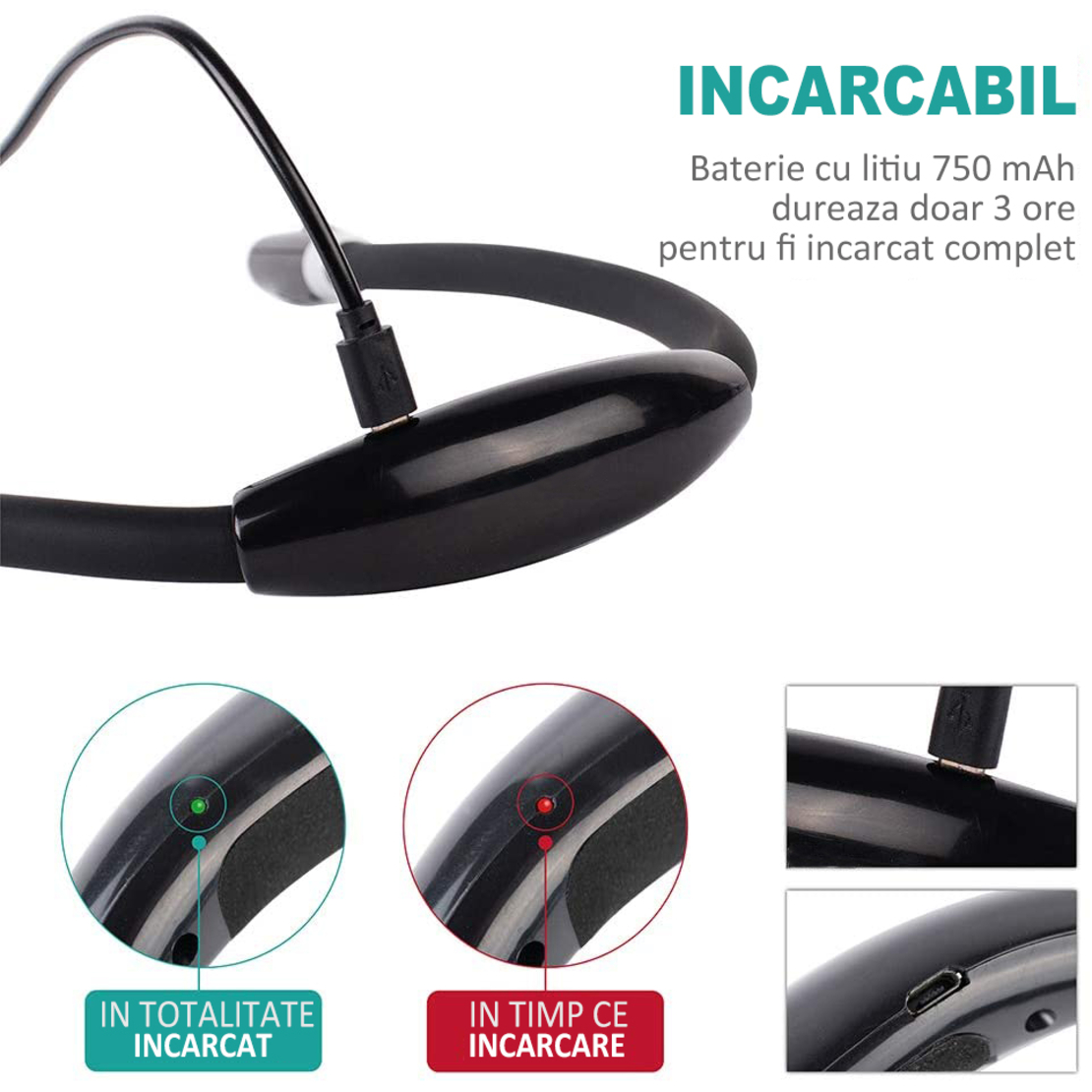 Lumina pentru Citit cu Pozitionare pe Gat, YWX, ABS/TPE, 3 niveluri de intensitate, USB, 750 mAh, Negru