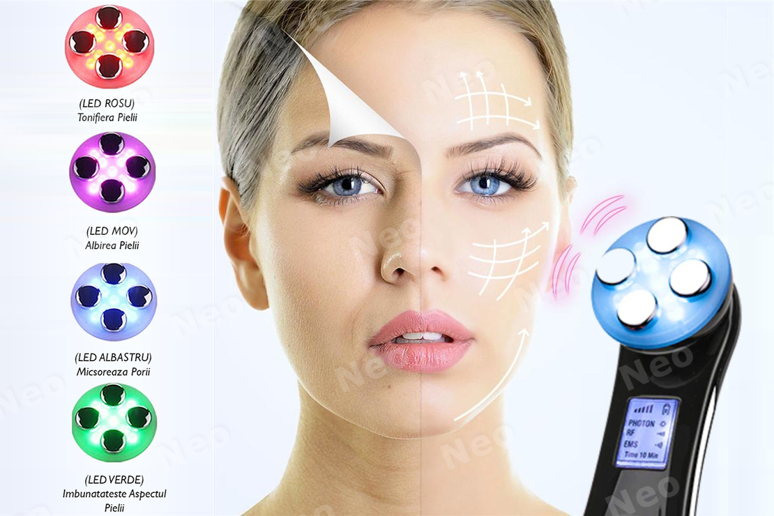 Aparat Profesional de ingrijire faciala prin Rejuvenare cu Fotoni 5 in 1 Neo Photon™, pentru intinerirea pielii, efect anti-rid, tratament Electroporare, RF lumina LED, inchide porii, elimina acneea, albire, pentru fata/gat, stativ incarcare rapida, Negru