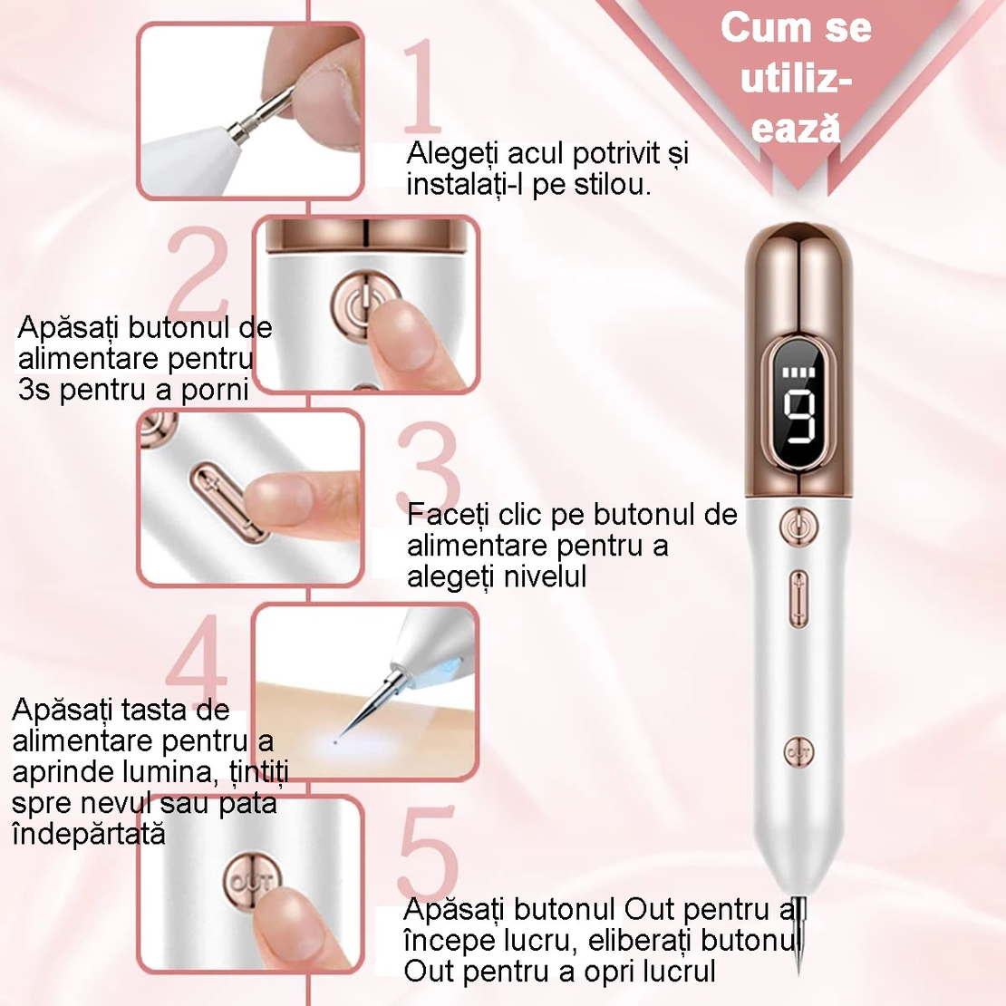 Aparat Plasma Pen, Neo™ cu 5 ace de schimb incluse, 9 viteze, pentru indepartare negi, pete, tatuaje, alunite, cicatrici, pistrui, Lifting pleoape, PlasmaPen®, Ecran LCD, Auriu/Alb