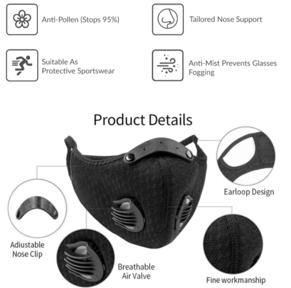 Masca Neagra de Protectie, Aspect Modern, Sport, cu Filtru de Carbon, 2 Valve