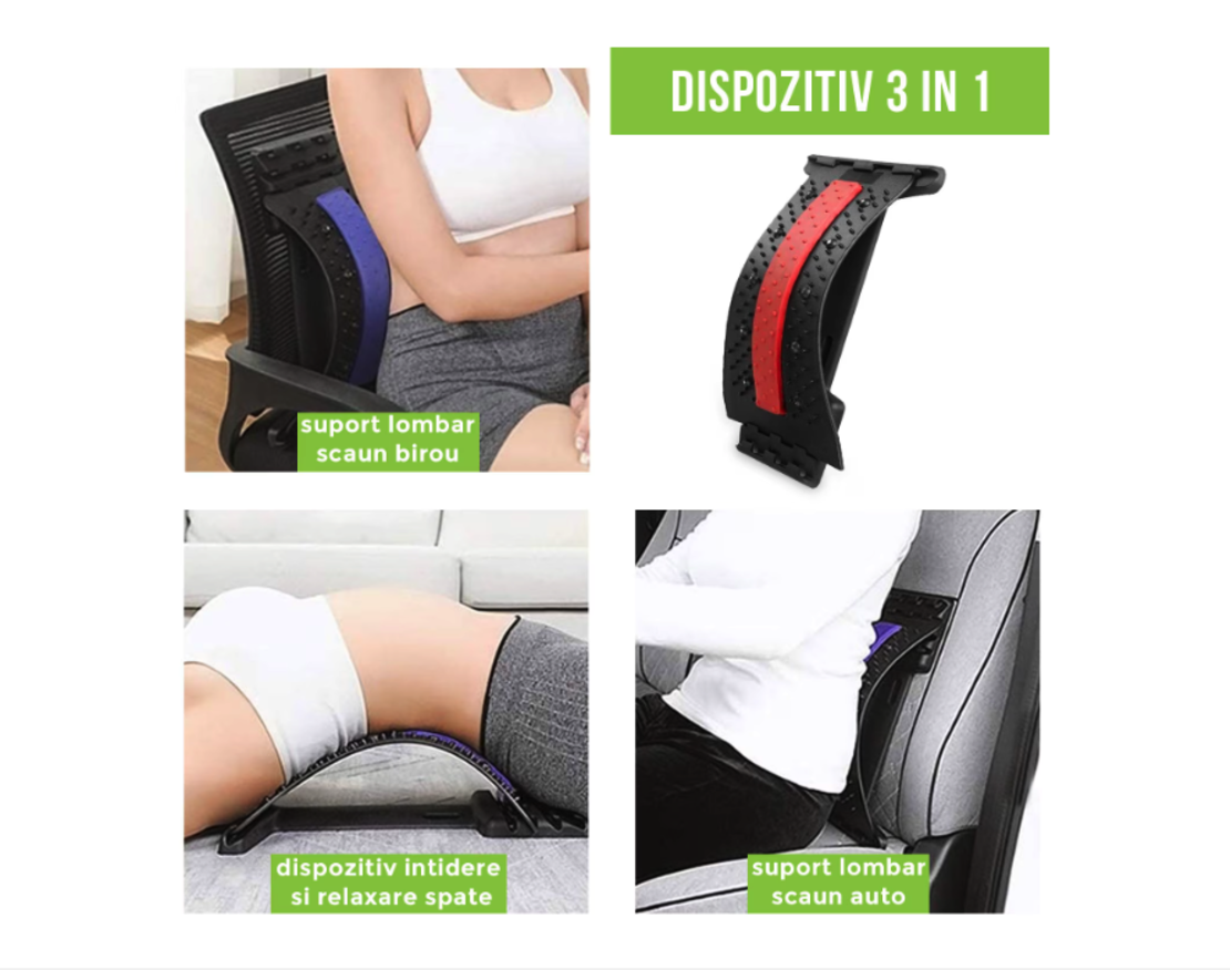 Dispozitiv Ortopedic NEO™ 3in1, pentru Suportul, Intinderea, Masajul si Relaxarea Zonei Lombare, Rosu