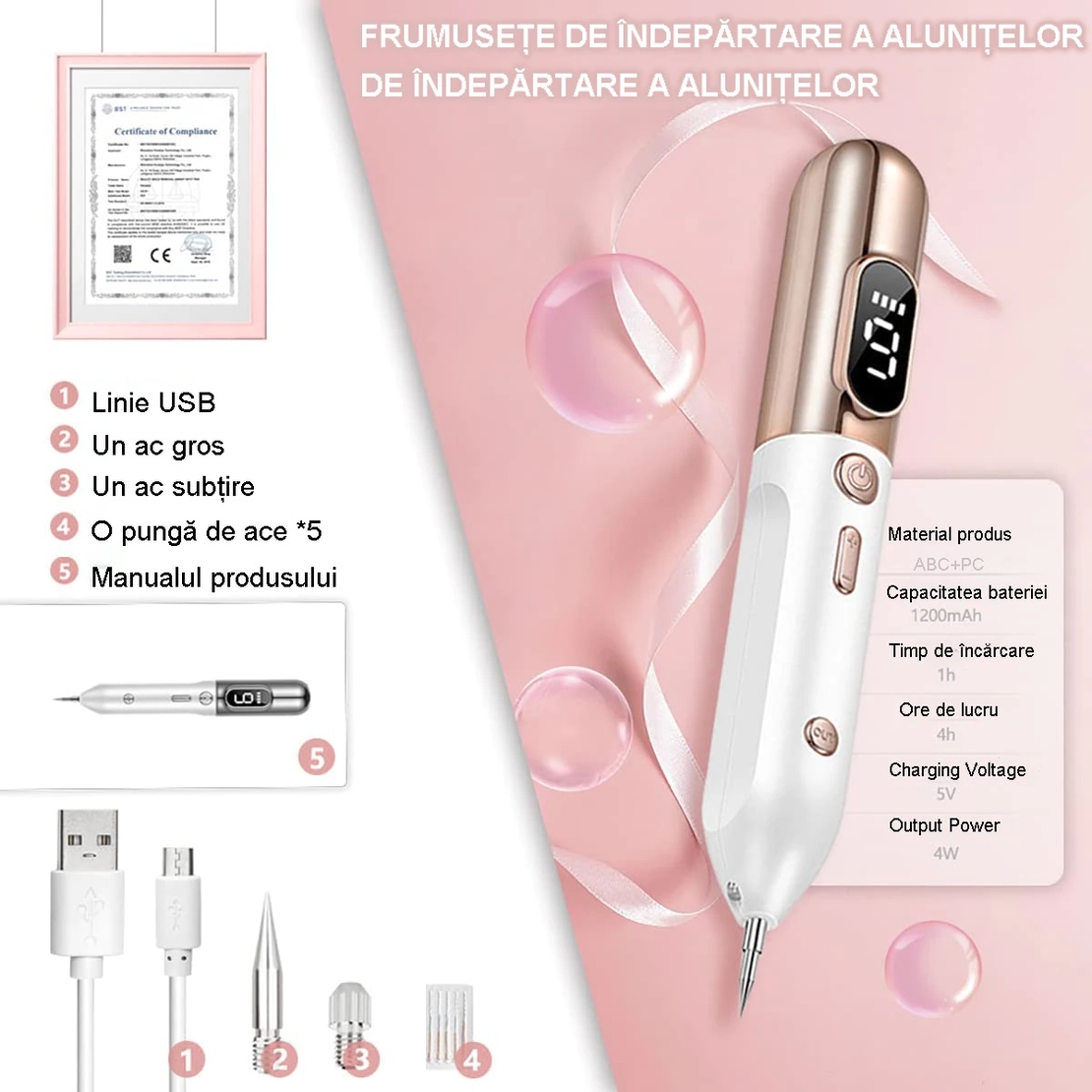 Aparat Plasma Pen, Neo™ cu 5 ace de schimb incluse, 9 viteze, pentru indepartare negi, pete, tatuaje, alunite, cicatrici, pistrui, Lifting pleoape, PlasmaPen®, Ecran LCD, Auriu/Alb
