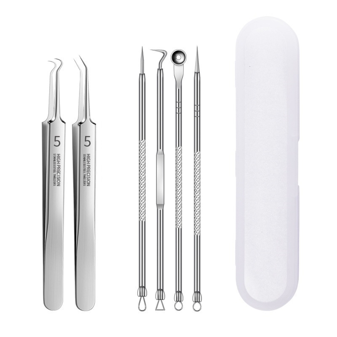 Set 6 pensete pentru extractie puncte negre, comedoane, acnee, ustensile cosmetice din inox, metalic, Neo™ Premium®