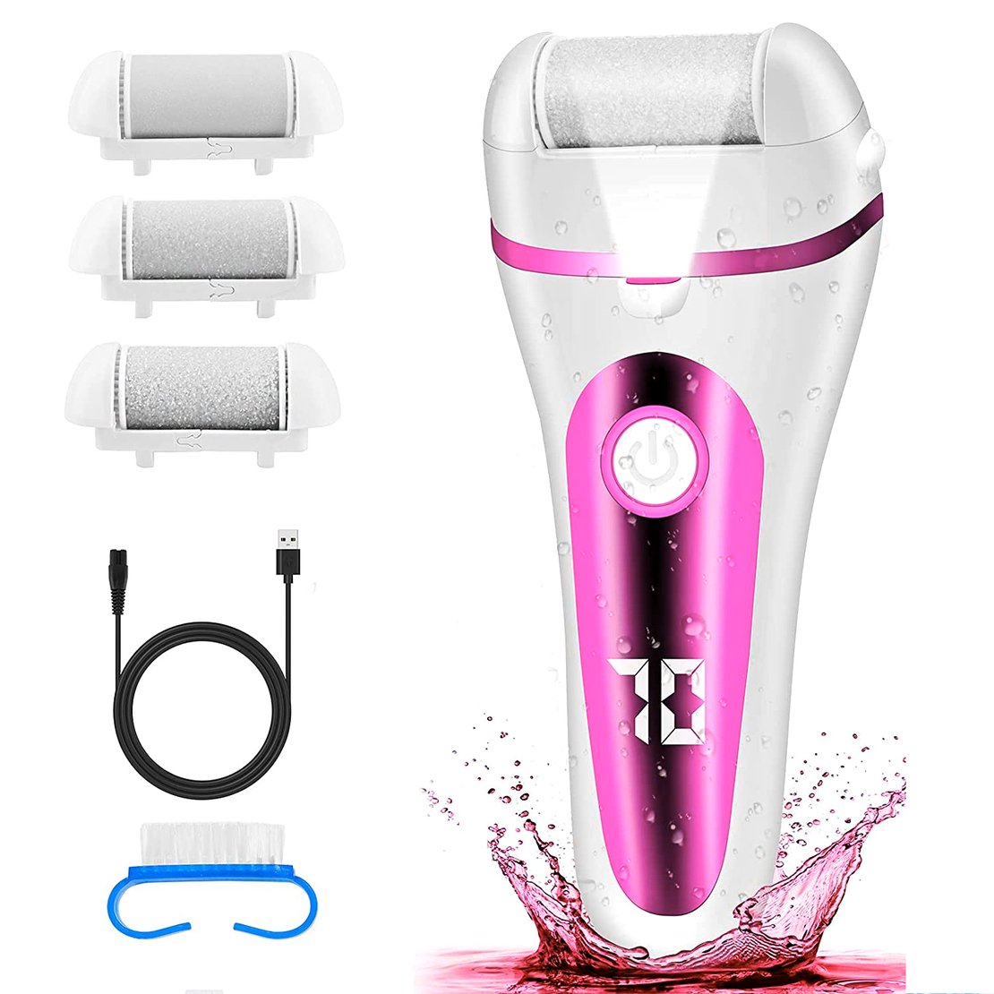 Aparat indepartare bataturi si piele uscata Calus Neo™ Foot Polisher V601, display digital, iluminare LED, incarcare USB, capat suplimentar si 3 role microminerale, 2000 rpm, Roz