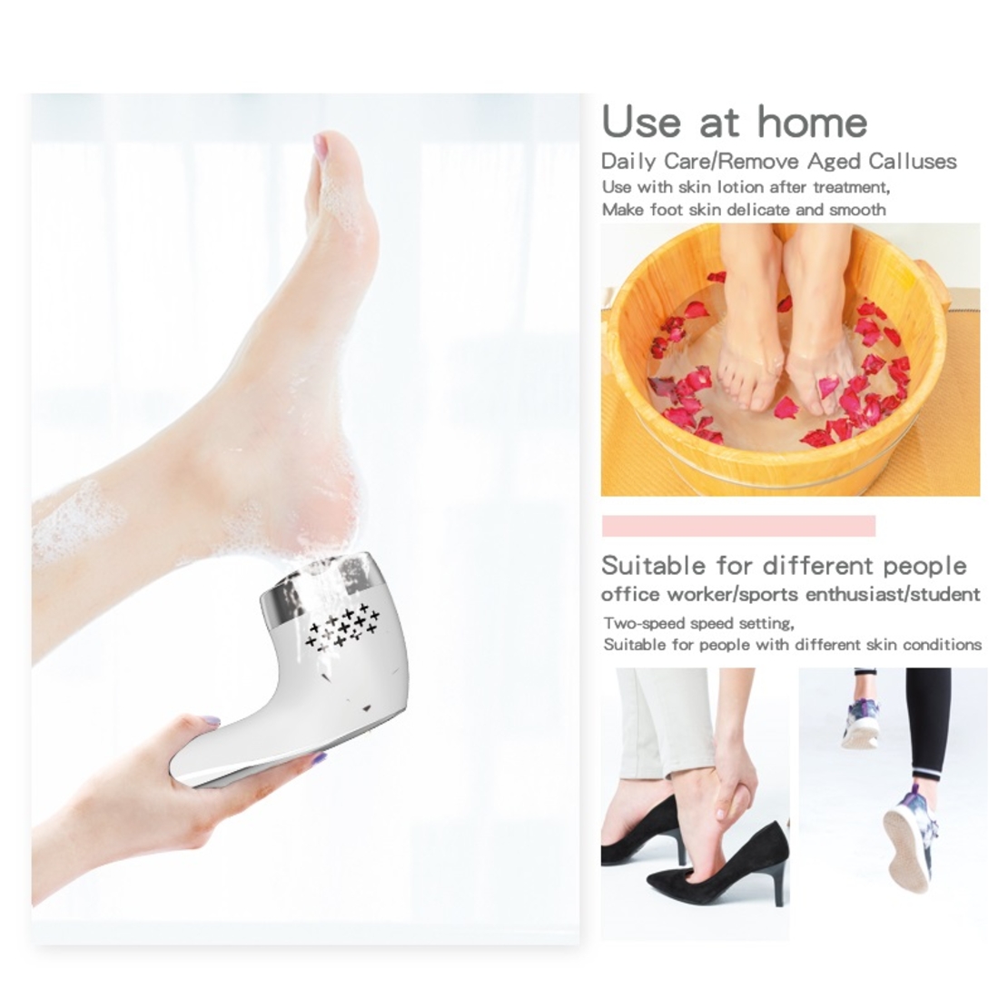 Set Aparat Profesional pentru indepartare bataturi Calus EAR Neo™ Foot Polisher Vacuum, cu aspirator, inlatura si pielea uscata, display digital, LED, incarcare USB, 2 role, 2700 rpm, C6497, Alb