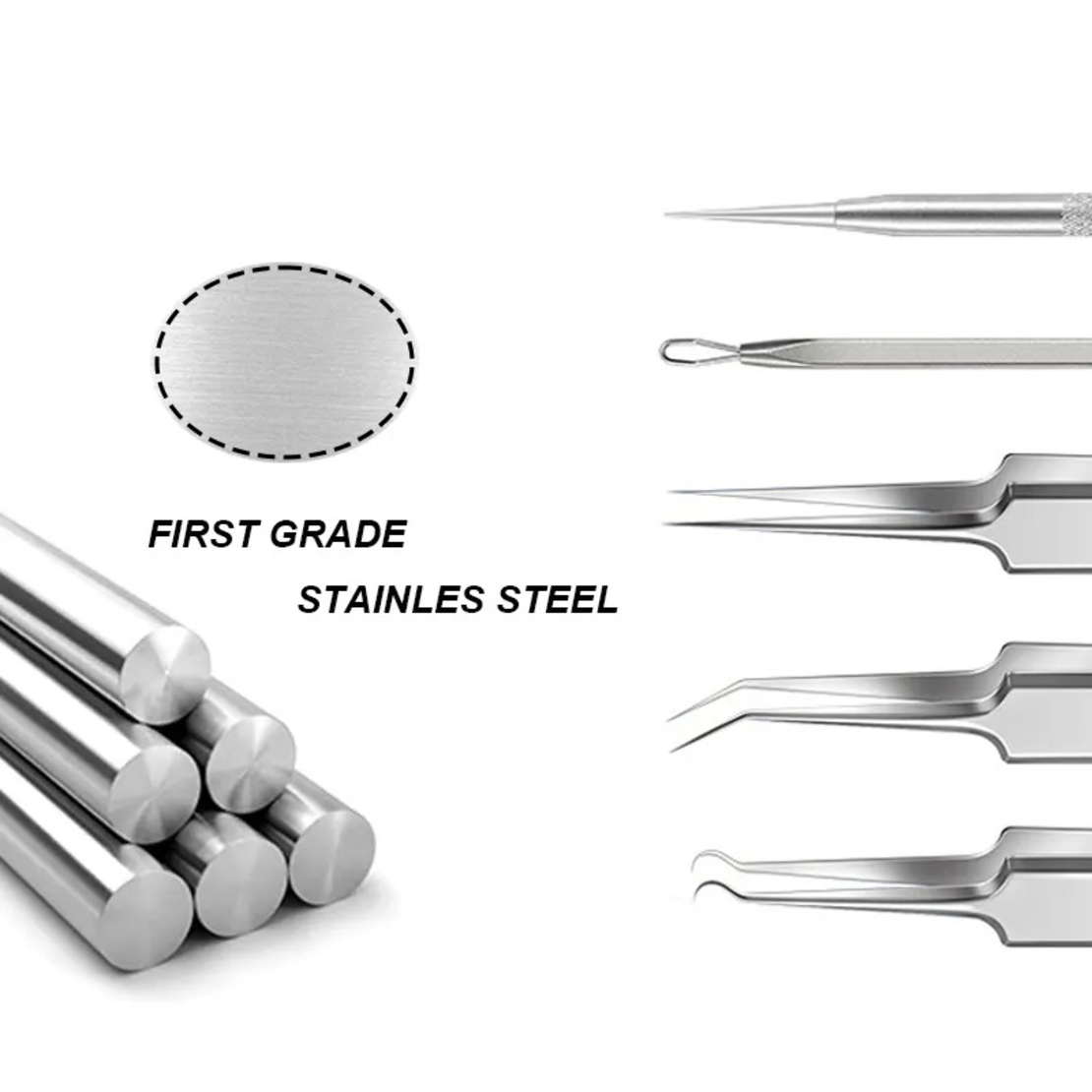 Set 7 pensete pentru extractie puncte negre, comedoane, acnee, ustensile cosmetice din inox, metalic, Neo™ Premium®