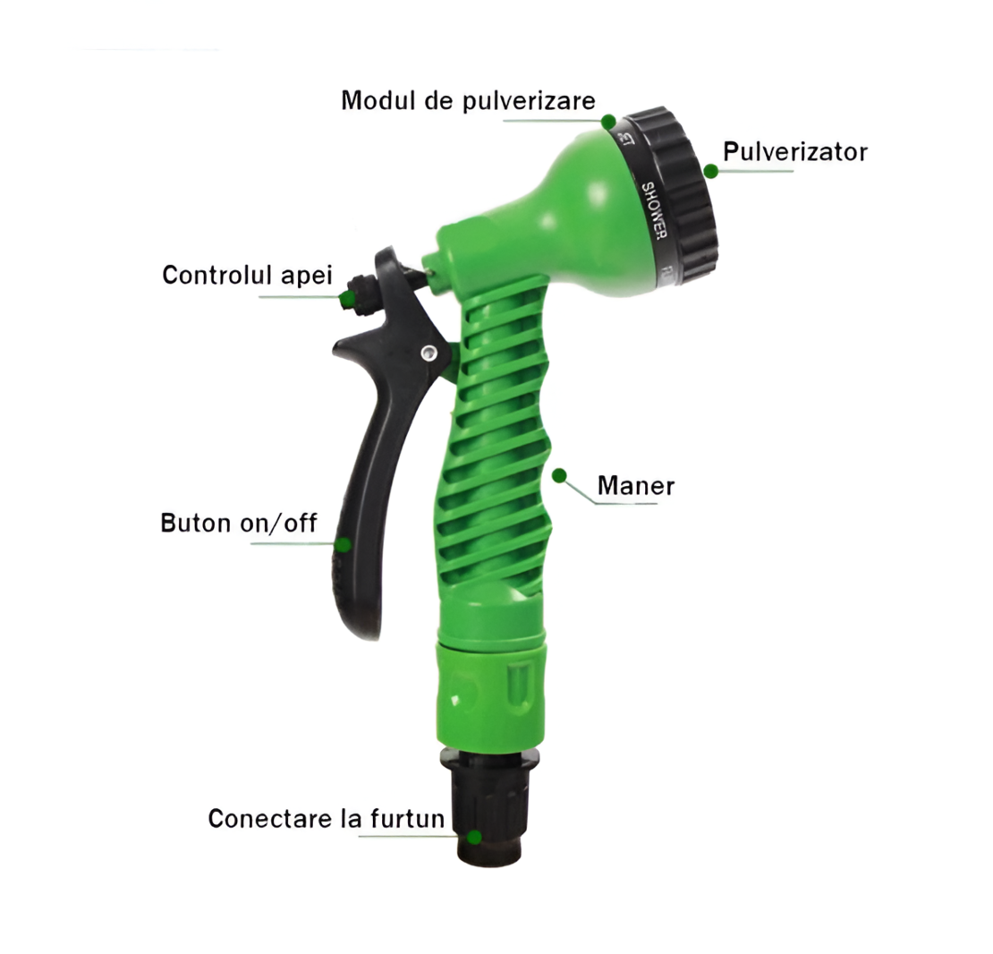 Furtun de Udat Gradina Extensibil, cu 7 Functii, cu Pistol de Udat, 60 metri, Conectori Inclusi, Verde, Neo™